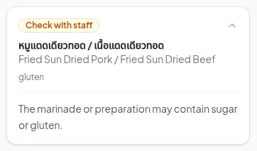 Menu Decoder flagging the same dish with Check with staff status and reasoning about hidden allergens