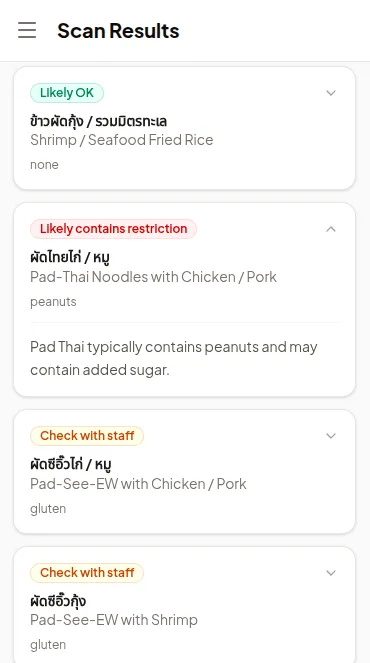 Thai menu scan results showing dishes flagged with safety indicators and reasoning about hidden allergens